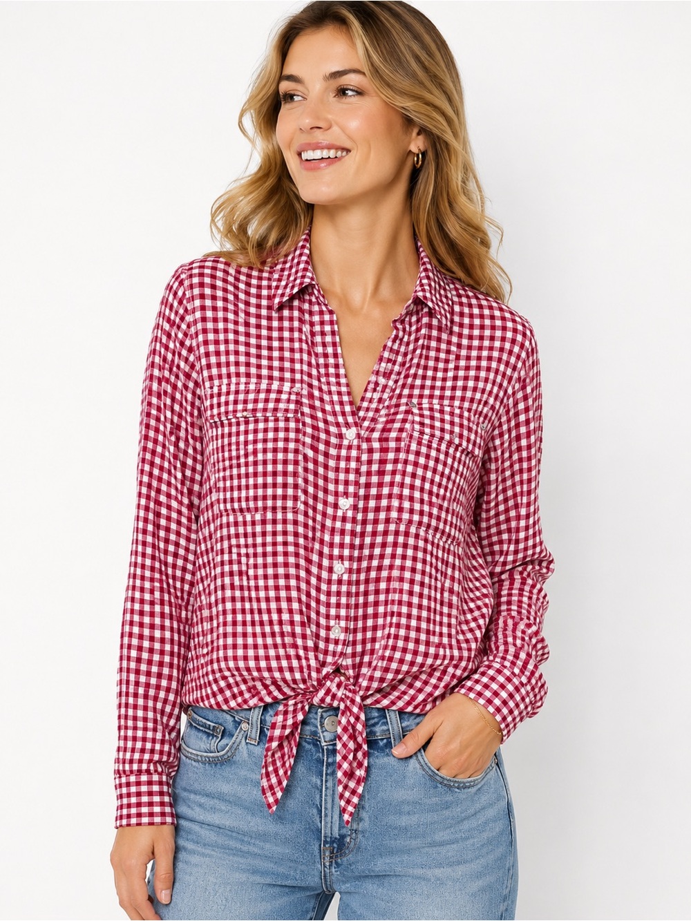 Jones New York Pink White Gingham Tie Front Button Shirt Blouse Roll Tab Size XL